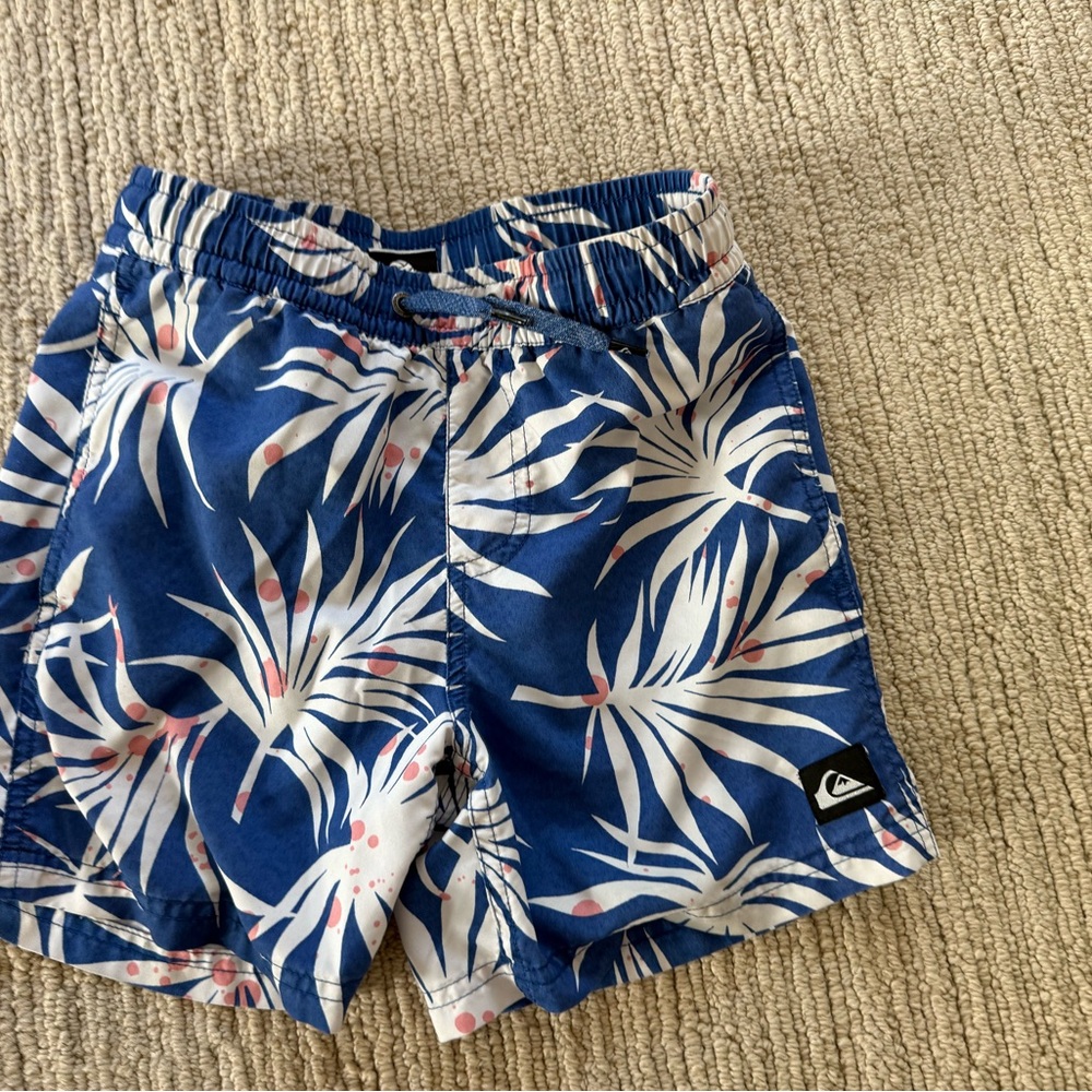 Quiksilver Navy and White Tropical Swim Trunks with Pink Accents